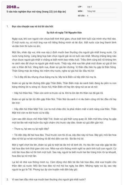 5 câu trắc nghiệm Đọc mở rộng (trang 22) (có đáp án)