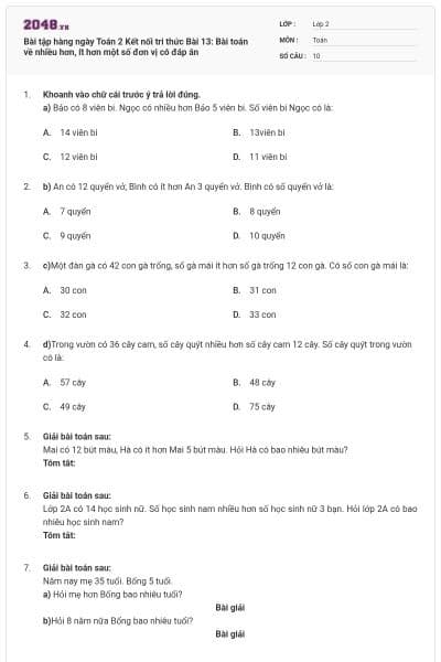 Bài tập hàng ngày Toán 2 Kết nối tri thức Bài 13: Bài toán về nhiều hơn, ít hơn một số đơn vị có đáp án