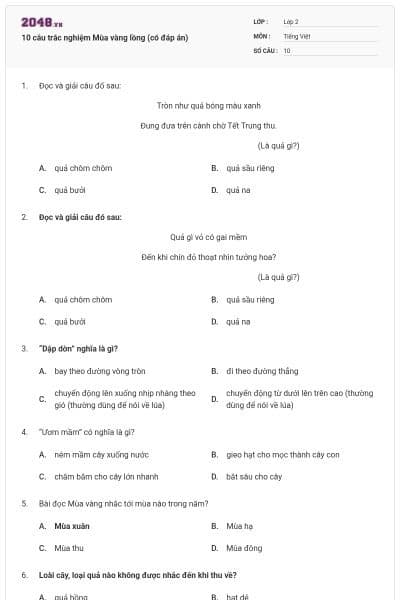 10 câu trắc nghiệm Mùa vàng lồng (có đáp án)