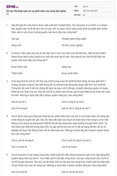 52 câu TN pháp luật với sự phát triển của công dân (phần 1)