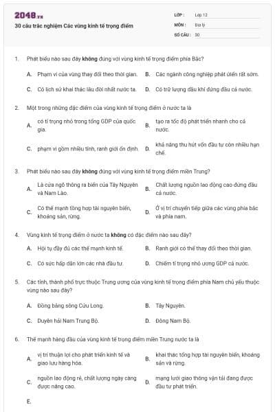 30 câu trắc nghiệm Các vùng kinh tế trọng điểm