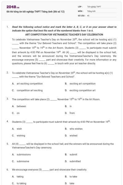 Đề thi tổng ôn tốt nghiệp THPT Tiếng Anh (Đề số 12)