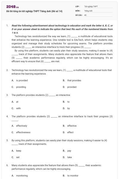 Đề thi tổng ôn tốt nghiệp THPT Tiếng Anh (Đề số 14)