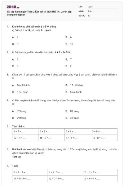 Bài tập hàng ngày Toán 2 Kết nối tri thức Bài 14: Luyện tập chung có đáp án