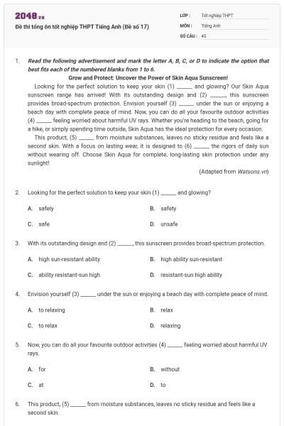 Đề thi tổng ôn tốt nghiệp THPT Tiếng Anh (Đề số 17)
