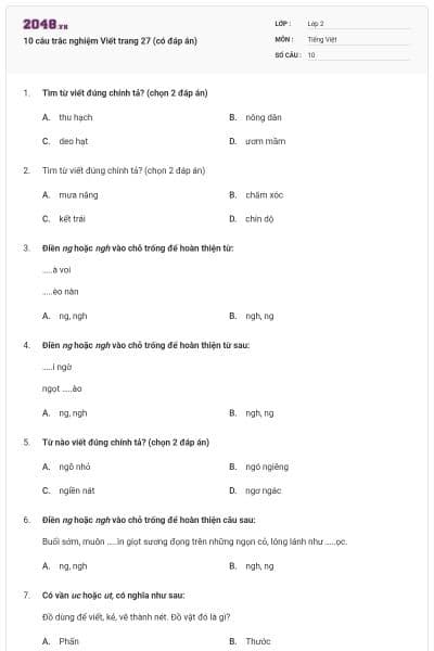 10 câu trắc nghiệm Viết trang 27 (có đáp án)