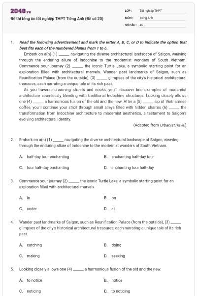 Đề thi tổng ôn tốt nghiệp THPT Tiếng Anh (Đề số 20)