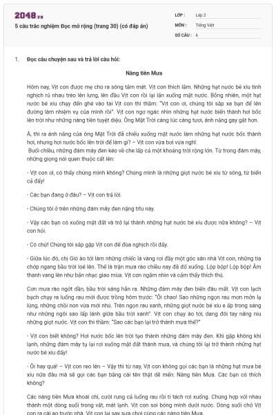 5 câu trắc nghiệm Đọc mở rộng (trang 30) (có đáp án)