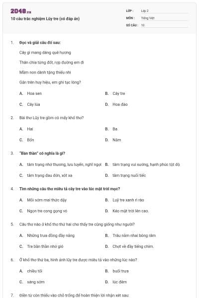 10 câu trắc nghiệm Lũy tre (có đáp án)