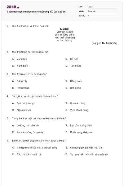 5 câu trắc nghiệm Đọc mở rộng (trang 37) (có đáp án)