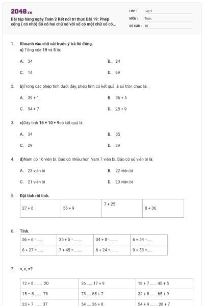Bài tập hàng ngày Toán 2 Kết nối tri thức Bài 19: Phép cộng ( có nhớ) Số có hai chữ số với số có một chữ số có đáp án