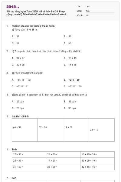 Bài tập hàng ngày Toán 2 Kết nối tri thức Bài 20: Phép cộng ( có nhớ) Số có hai chữ số với số có hai chữ số có đáp án