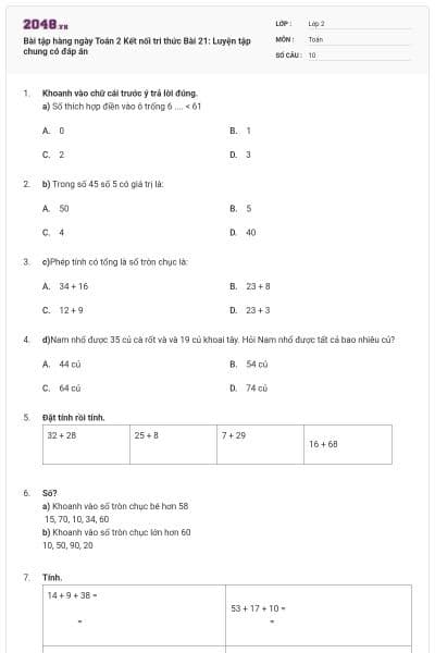 Bài tập hàng ngày Toán 2 Kết nối tri thức Bài 21: Luyện tập chung có đáp án
