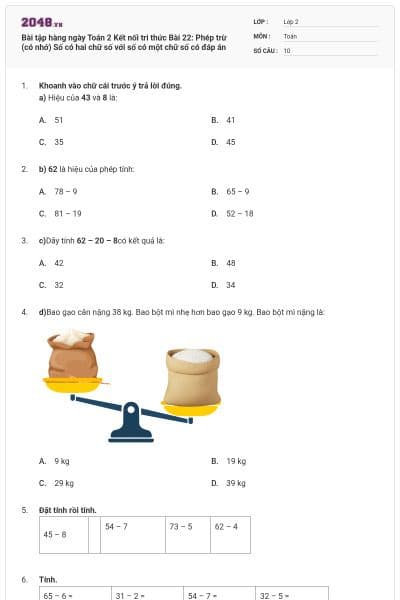 Bài tập hàng ngày Toán 2 Kết nối tri thức Bài 22: Phép trừ (có nhớ) Số có hai chữ số với số có một chữ số có đáp án