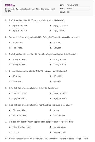 Đề luyện thi thpt quốc gia môn Lịch Sử có đáp án cực hay ( Đề 16)