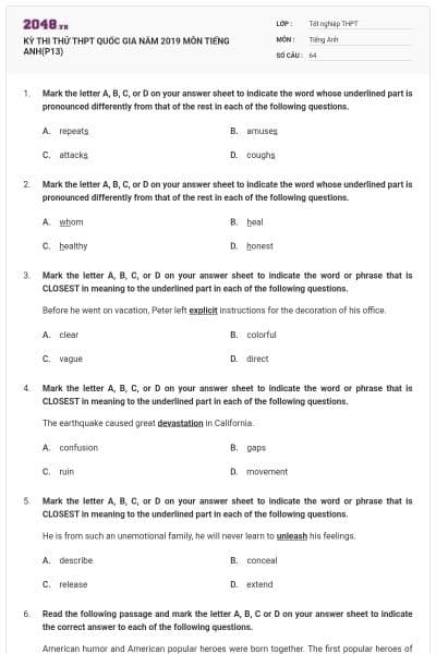 KỲ THI THỬ THPT QUỐC GIA NĂM 2019 MÔN TIẾNG ANH(P13)