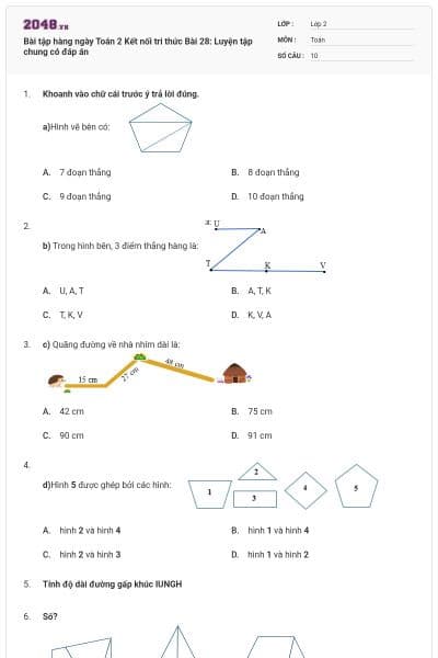Bài tập hàng ngày Toán 2 Kết nối tri thức Bài 28: Luyện tập chung có đáp án