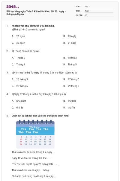 Bài tập hàng ngày Toán 2 Kết nối tri thức Bài 30: Ngày - tháng có đáp án