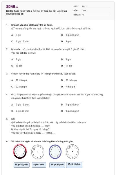 Bài tập hàng ngày Toán 2 Kết nối tri thức Bài 32: Luyện tập chung có đáp án