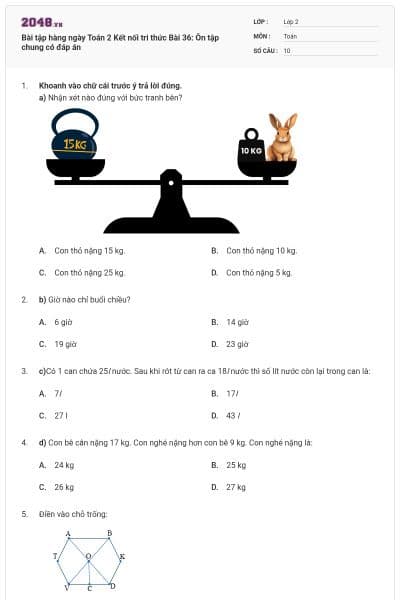 Bài tập hàng ngày Toán 2 Kết nối tri thức Bài 36: Ôn tập chung có đáp án