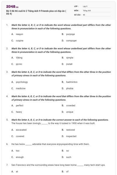 Bộ 5 Đề thi cuối kì 2 Tiếng Anh 9 Friends plus có đáp án ( Đề 4)
