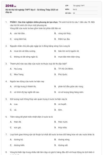 Đề thi thử tốt nghiệp THPT Địa lí - Sở Đồng Tháp 2025 có đáp án