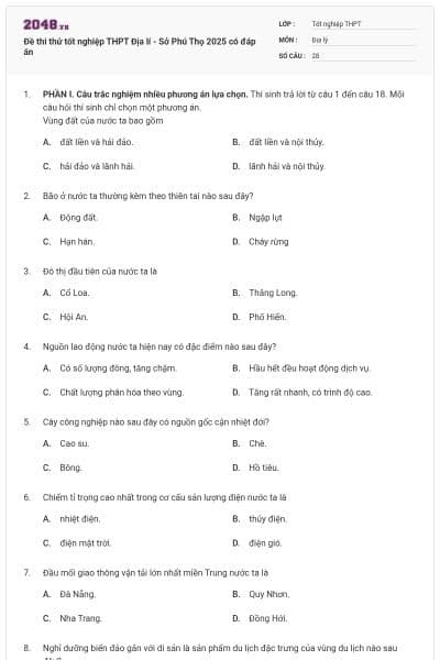 Đề thi thử tốt nghiệp THPT Địa lí - Sở Phú Thọ 2025 có đáp án