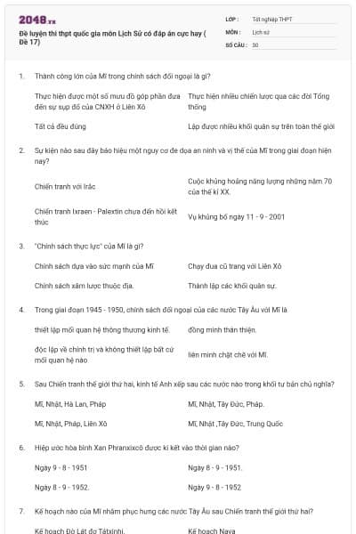 Đề luyện thi thpt quốc gia môn Lịch Sử có đáp án cực hay ( Đề 17)