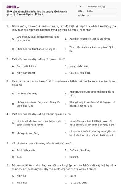 500+ câu trắc nghiệm tổng hợp Đại cương bảo hiểm và quản trị rủi ro có đáp án - Phần 6