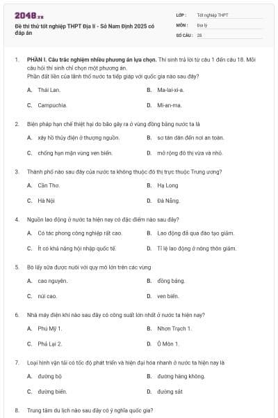 Đề thi thử tốt nghiệp THPT Địa lí - Sở Nam Định 2025 có đáp án