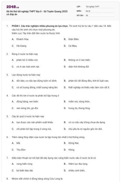 Đề thi thử tốt nghiệp THPT Địa lí - Sở Tuyên Quang 2025 có đáp án