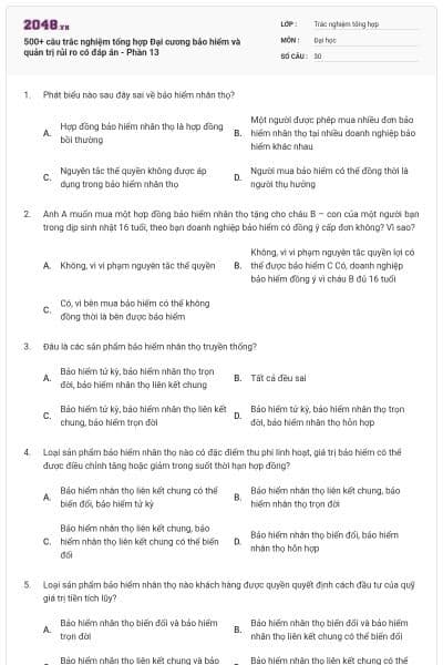 500+ câu trắc nghiệm tổng hợp Đại cương bảo hiểm và quản trị rủi ro có đáp án - Phần 13