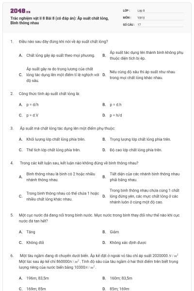 Trắc nghiệm vật lí 8 Bài 8 (có đáp án): Áp suất chất lỏng, Bình thông nhau