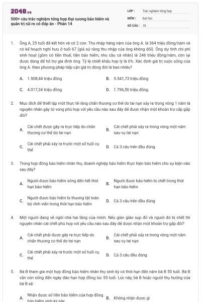 500+ câu trắc nghiệm tổng hợp Đại cương bảo hiểm và quản trị rủi ro có đáp án - Phần 14