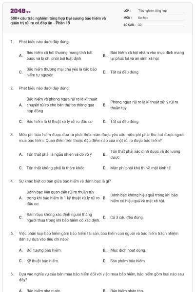 500+ câu trắc nghiệm tổng hợp Đại cương bảo hiểm và quản trị rủi ro có đáp án - Phần 19