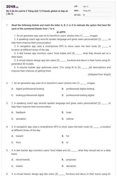 Bộ 5 Đề thi cuối kì 2 Tiếng Anh 12 Friends global có đáp án ( Đề 3)