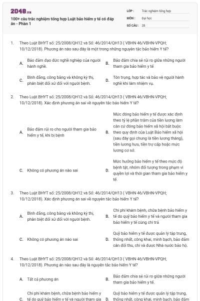 100+ câu trắc nghiệm tổng hợp Luật bảo hiểm y tế có đáp án - Phần 1