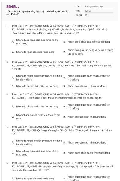 100+ câu trắc nghiệm tổng hợp Luật bảo hiểm y tế có đáp án - Phần 2