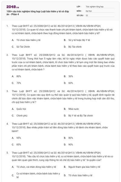 100+ câu trắc nghiệm tổng hợp Luật bảo hiểm y tế có đáp án - Phần 4