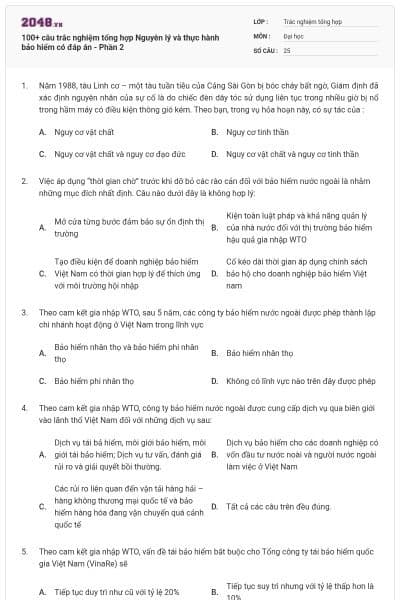 100+ câu trắc nghiệm tổng hợp Nguyên lý và thực hành bảo hiểm có đáp án - Phần 2