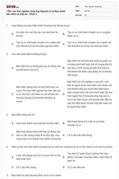 100+ câu trắc nghiệm tổng hợp Nguyên lý và thực hành bảo hiểm có đáp án - Phần 3