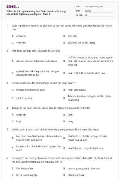 200+ câu trắc nghiệm tổng hợp Quản lý nhà nước trong nền kinh tế thị trường có đáp án - Phần 2