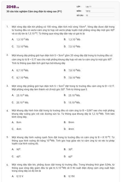 30 câu trắc nghiệm Cảm ứng điện từ nâng cao (P1)