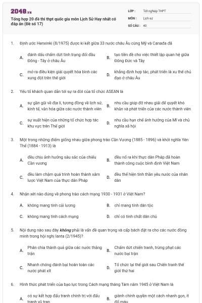 Tổng hợp 20 đề thi thpt quốc gia môn Lịch Sử Hay nhất có đáp án (Đề số 17)