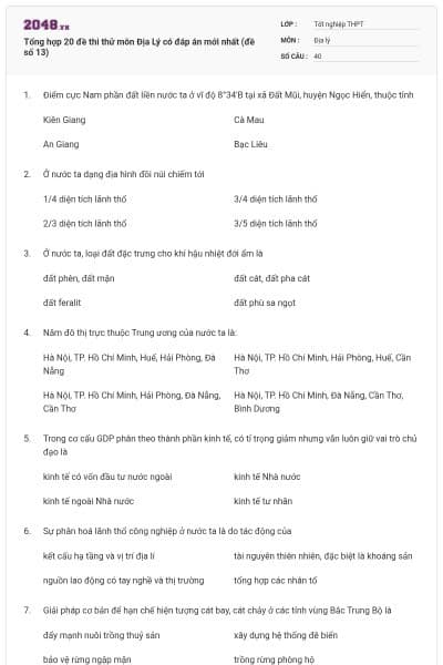 Tổng hợp 20 đề thi thử môn Địa Lý có đáp án mới nhất (đề số 13)