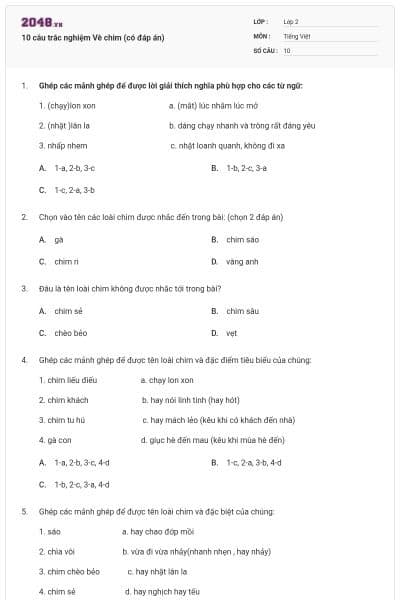 10 câu trắc nghiệm Vè chim (có đáp án)