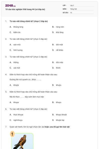 10 câu trắc nghiệm Viết trang 44 (có đáp án)