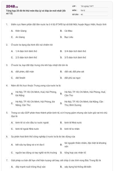 Tổng hợp 20 đề thi thử môn Địa Lý có đáp án mới nhất (đề số 13)