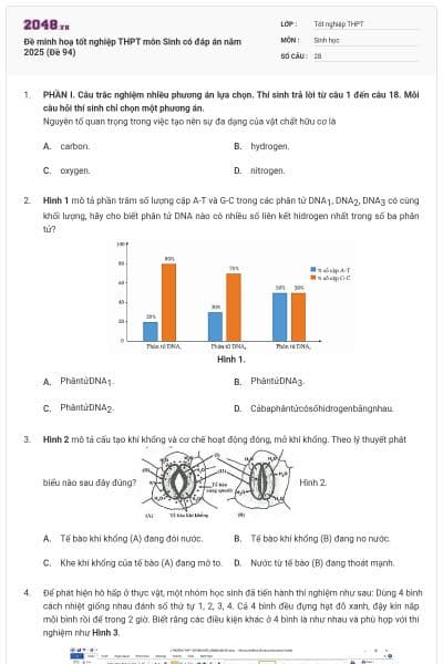 Đề minh hoạ tốt nghiệp THPT môn Sinh có đáp án năm 2025 (Đề 94)