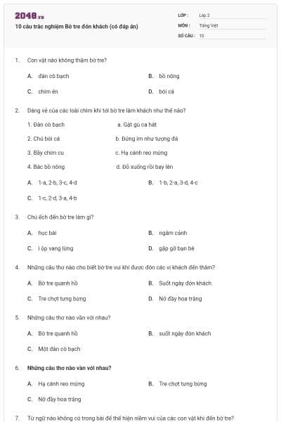 10 câu trắc nghiệm Bờ tre đón khách (có đáp án)